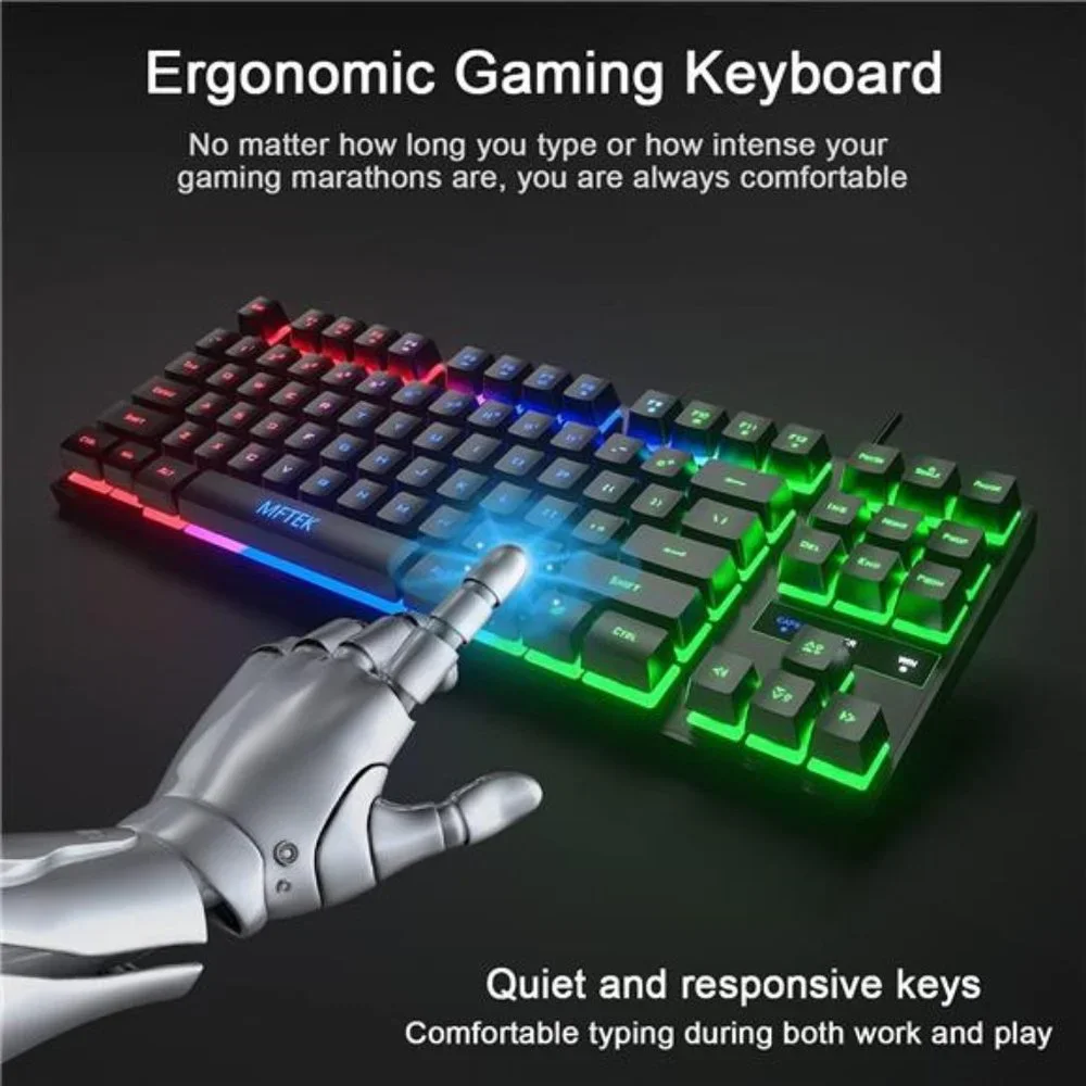 RGB Rainbow Gaming Keyboard and Mouse Combo, Compact 87 Keys Backlit Computer